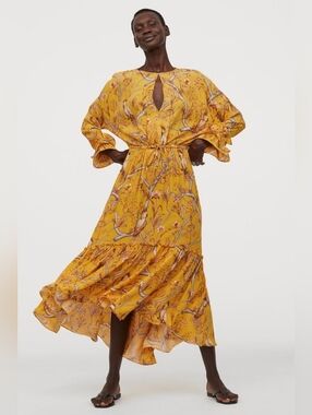 Johanna Ortiz x H&M Yellow Floral Tiered Ruffle Maxi Dress Size M Boho Botanical